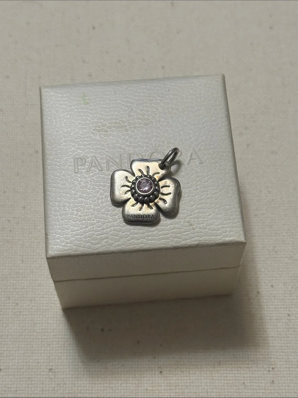 Pandora Sterling Silver 925 Flower Charm Pendant W/Pink Center Crystal W/Box